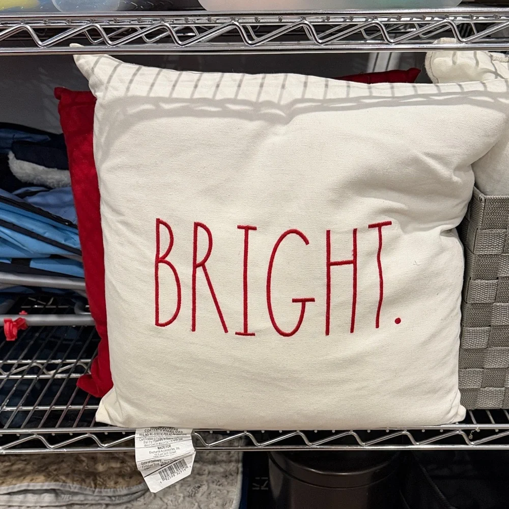 Rae Dunn White Pillow with Red 'BRIGHT.'